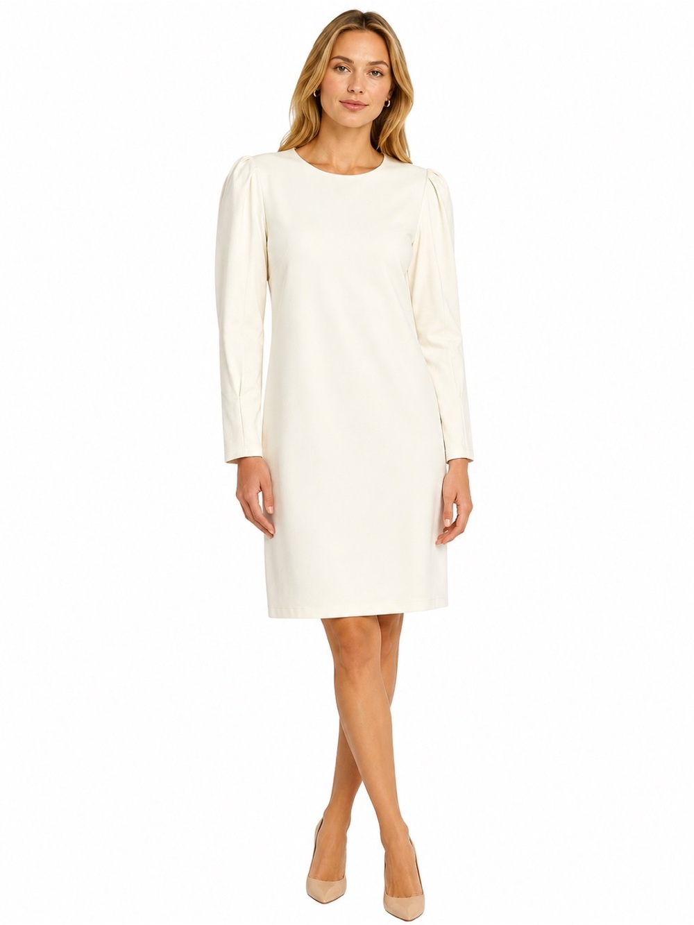 J.McLaughlin Dress M Ivory Ponte Knit Puff Sleeve Shift Bridal Cocktail Wedding